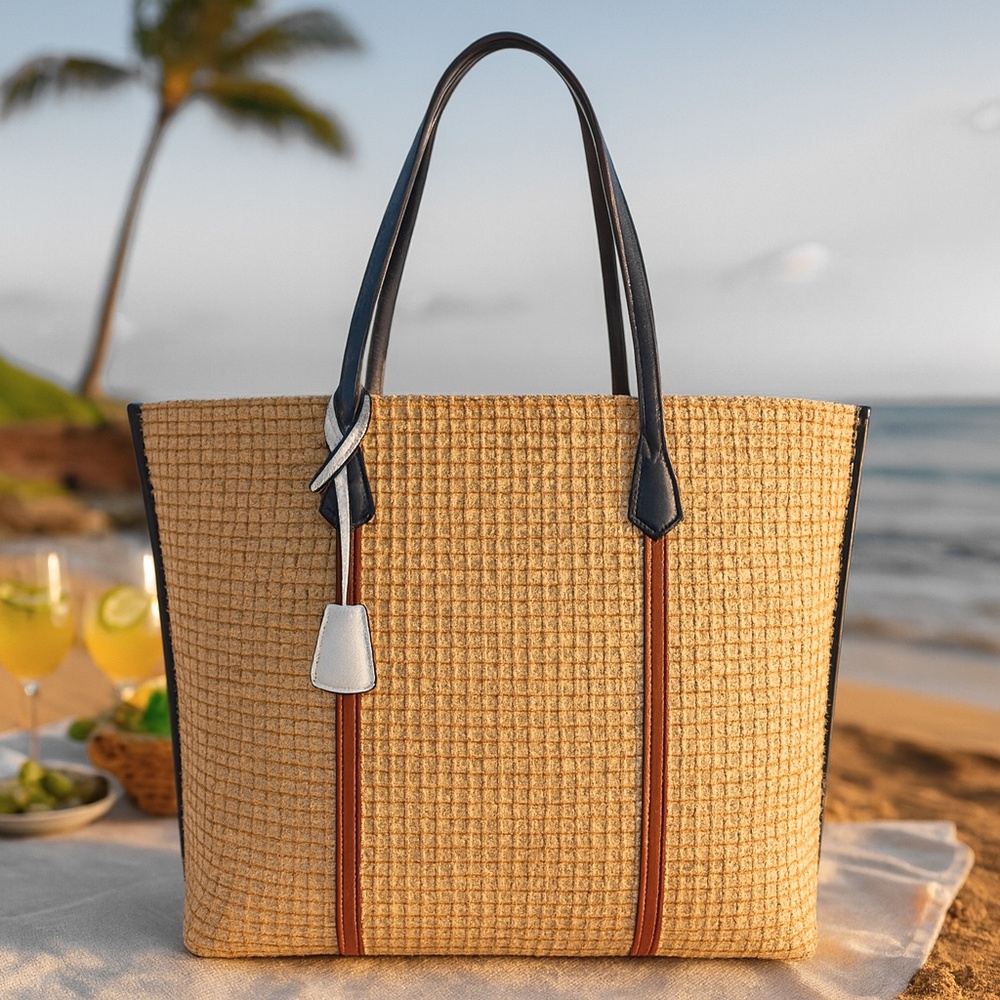 New Tory Burch Perry Straw Oversized Tote Bag Natural/Navy Destination Tote